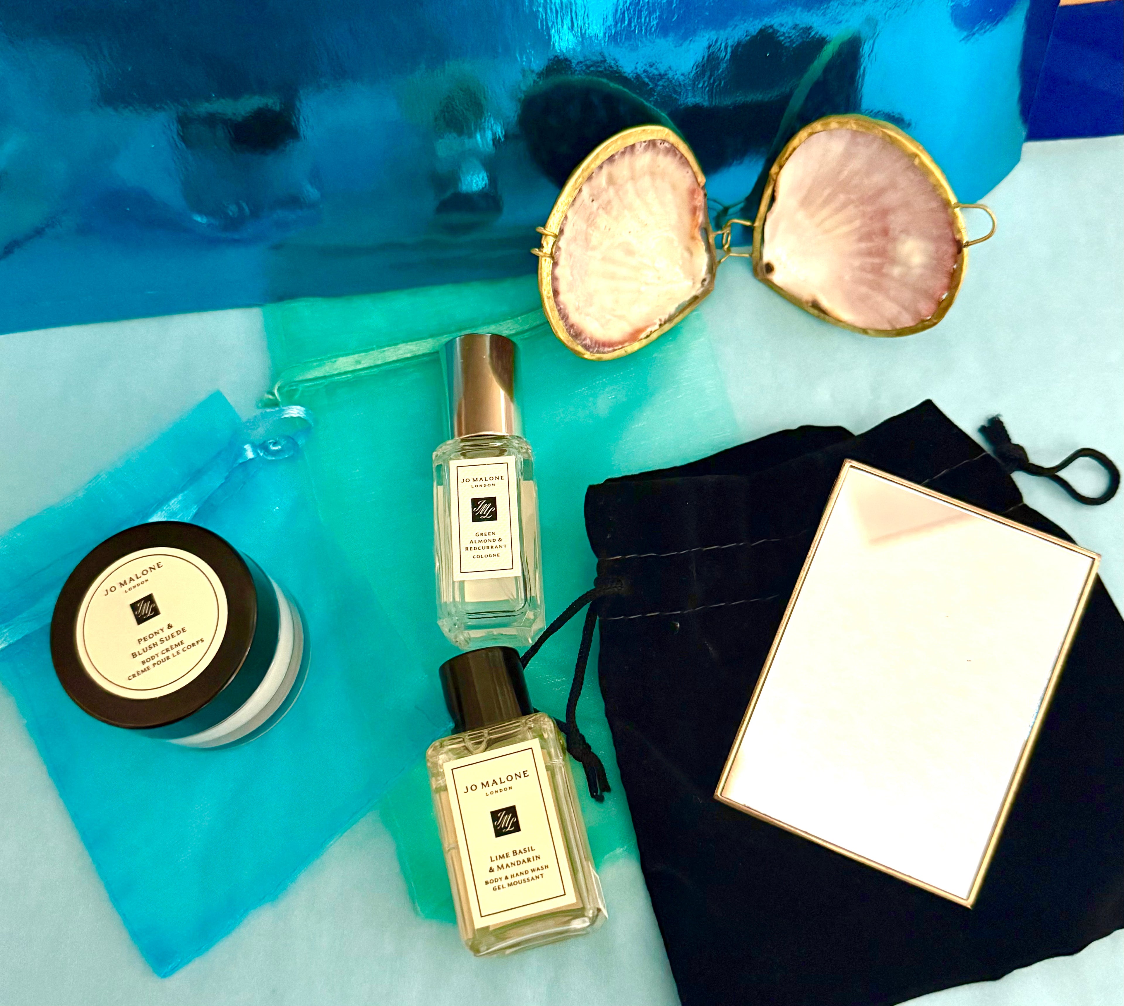 Jo Malone Mini Luxury Gift Set + Heavy YSL Gold Mirror – Peony & Blush Suede, Green Almond & Redcurrant, Lime Basil & Mandarin