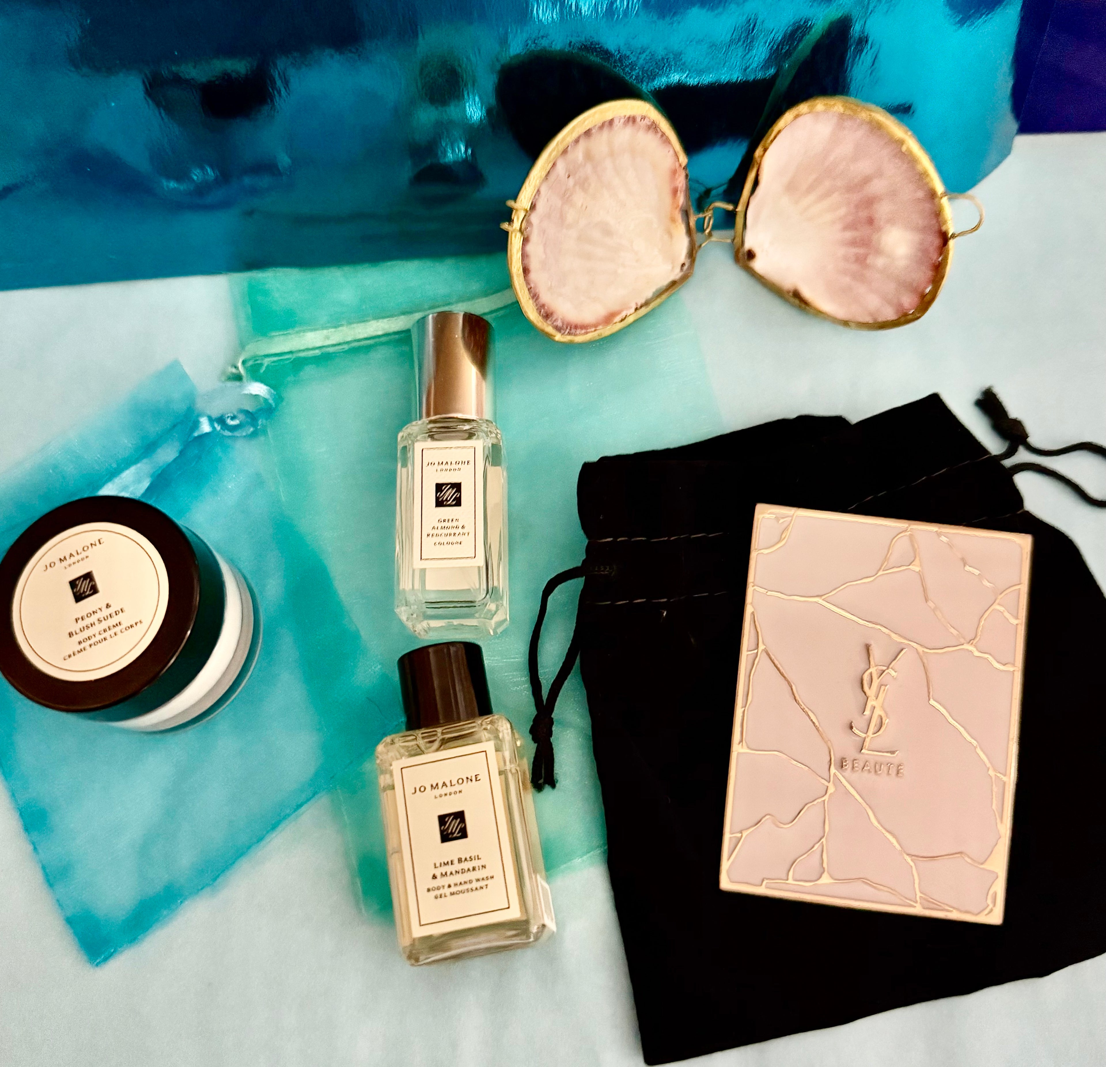 Jo Malone Mini Luxury Gift Set + Heavy YSL Gold Mirror – Peony & Blush Suede, Green Almond & Redcurrant, Lime Basil & Mandarin